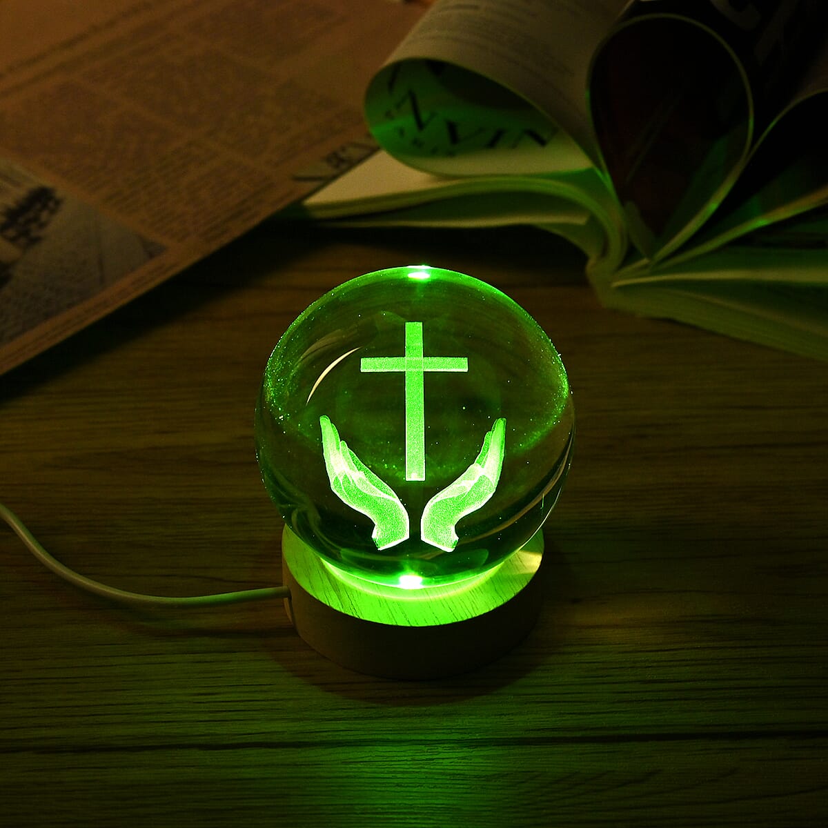 Livmore RGB Changing LED Light Crystal 3D Prayer Hands with Cross Engraved Pattern Glass Ball with Wood Base (Ball 3.5 Inches & Wood Dia 2.5 Inches) image number 1