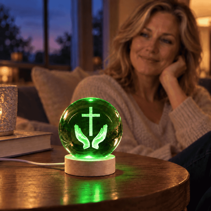 Livmore RGB Changing LED Light Crystal 3D Prayer Hands with Cross Engraved Pattern Glass Ball with Wood Base (Ball 3.5 Inches & Wood Dia 2.5 Inches)