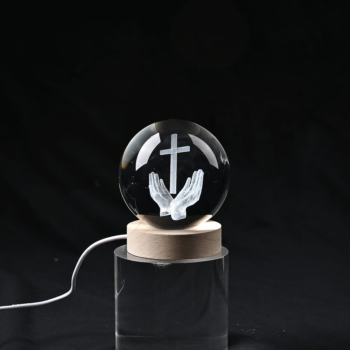 Livmore RGB Changing LED Light Crystal 3D Prayer Hands with Cross Engraved Pattern Glass Ball with Wood Base (Ball 3.5 Inches & Wood Dia 2.5 Inches) image number 2