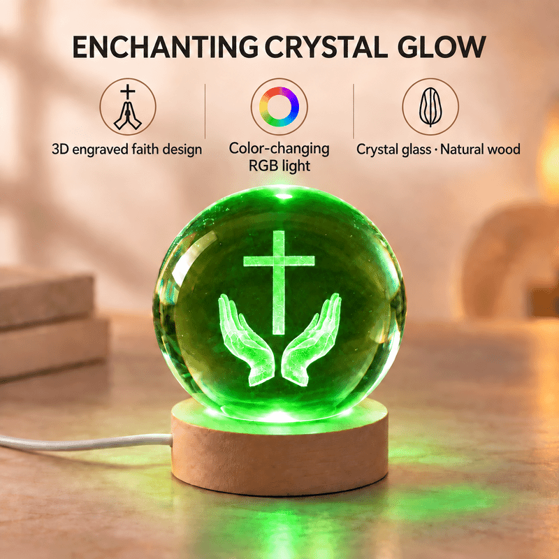 Livmore RGB Changing LED Light Crystal 3D Prayer Hands with Cross Engraved Pattern Glass Ball with Wood Base (Ball 3.5 Inches & Wood Dia 2.5 Inches)