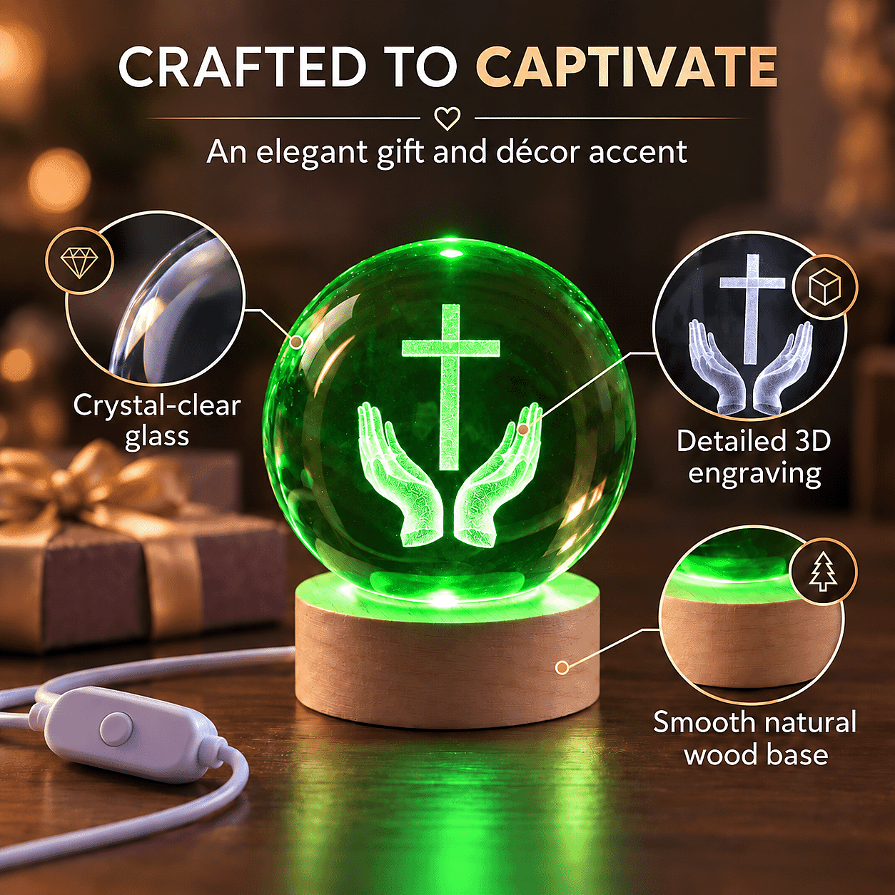 Livmore RGB Changing LED Light Crystal 3D Prayer Hands with Cross Engraved Pattern Glass Ball with Wood Base (Ball 3.5 Inches & Wood Dia 2.5 Inches)