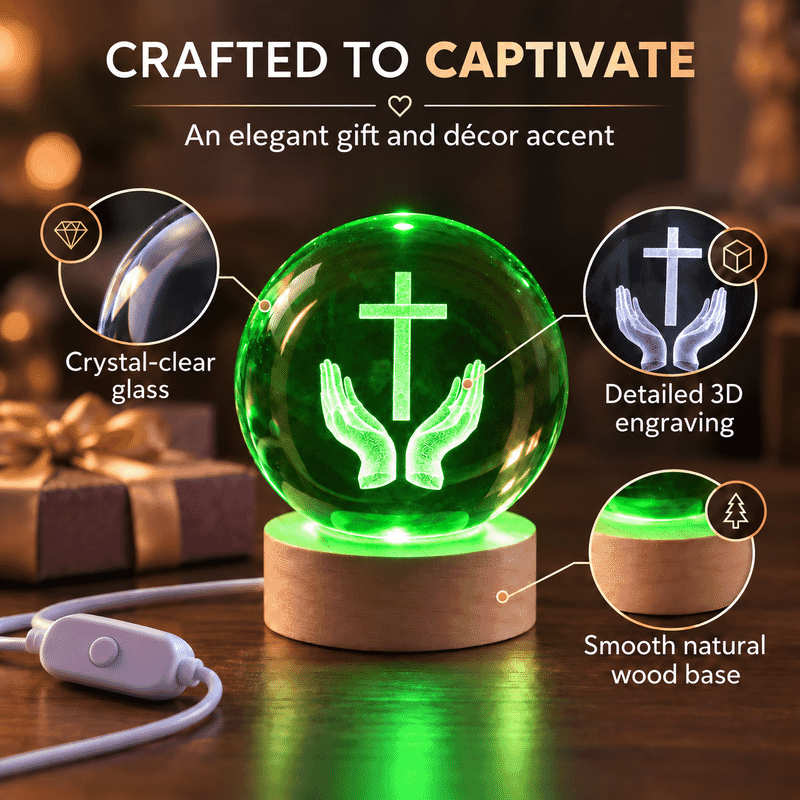 Livmore RGB Changing LED Light Crystal 3D Prayer Hands with Cross Engraved Pattern Glass Ball with Wood Base (Ball 3.5 Inches & Wood Dia 2.5 Inches)