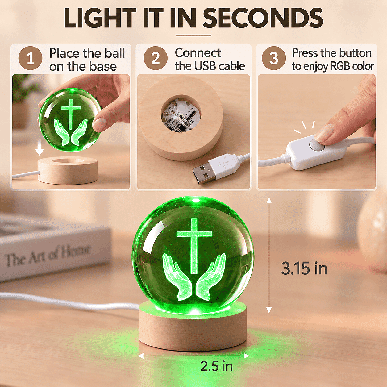 Livmore RGB Changing LED Light Crystal 3D Prayer Hands with Cross Engraved Pattern Glass Ball with Wood Base (Ball 3.5 Inches & Wood Dia 2.5 Inches)