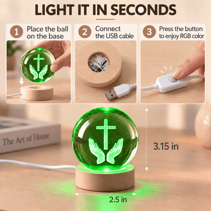 Livmore RGB Changing LED Light Crystal 3D Prayer Hands with Cross Engraved Pattern Glass Ball with Wood Base (Ball 3.5 Inches & Wood Dia 2.5 Inches)