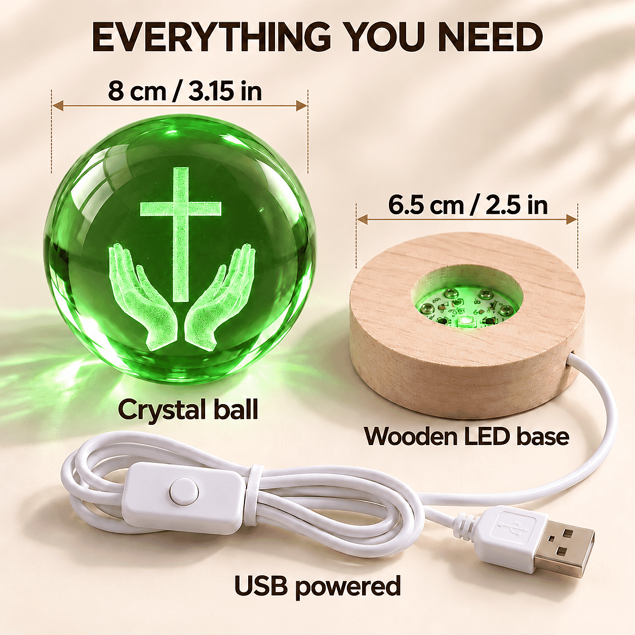 Livmore RGB Changing LED Light Crystal 3D Prayer Hands with Cross Engraved Pattern Glass Ball with Wood Base (Ball 3.5 Inches & Wood Dia 2.5 Inches)