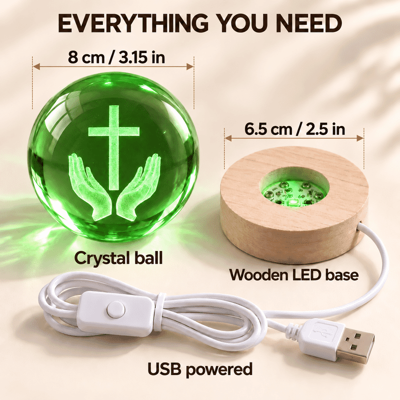 Livmore RGB Changing LED Light Crystal 3D Prayer Hands with Cross Engraved Pattern Glass Ball with Wood Base (Ball 3.5 Inches & Wood Dia 2.5 Inches)