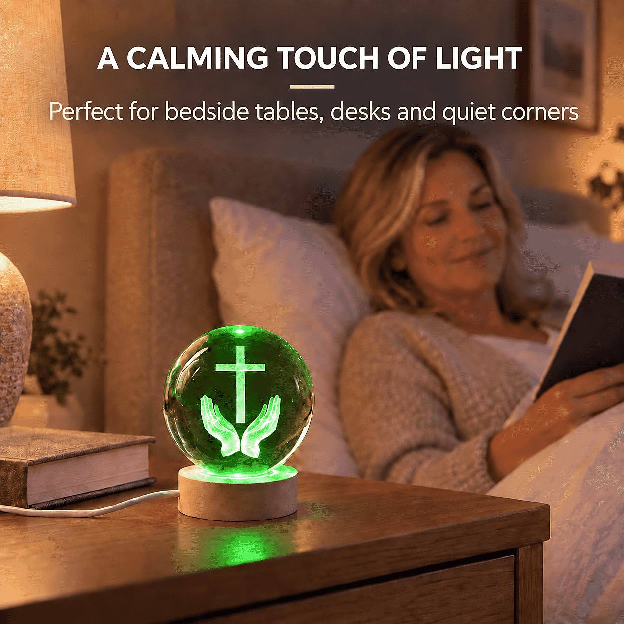 Livmore RGB Changing LED Light Crystal 3D Prayer Hands with Cross Engraved Pattern Glass Ball with Wood Base (Ball 3.5 Inches & Wood Dia 2.5 Inches)
