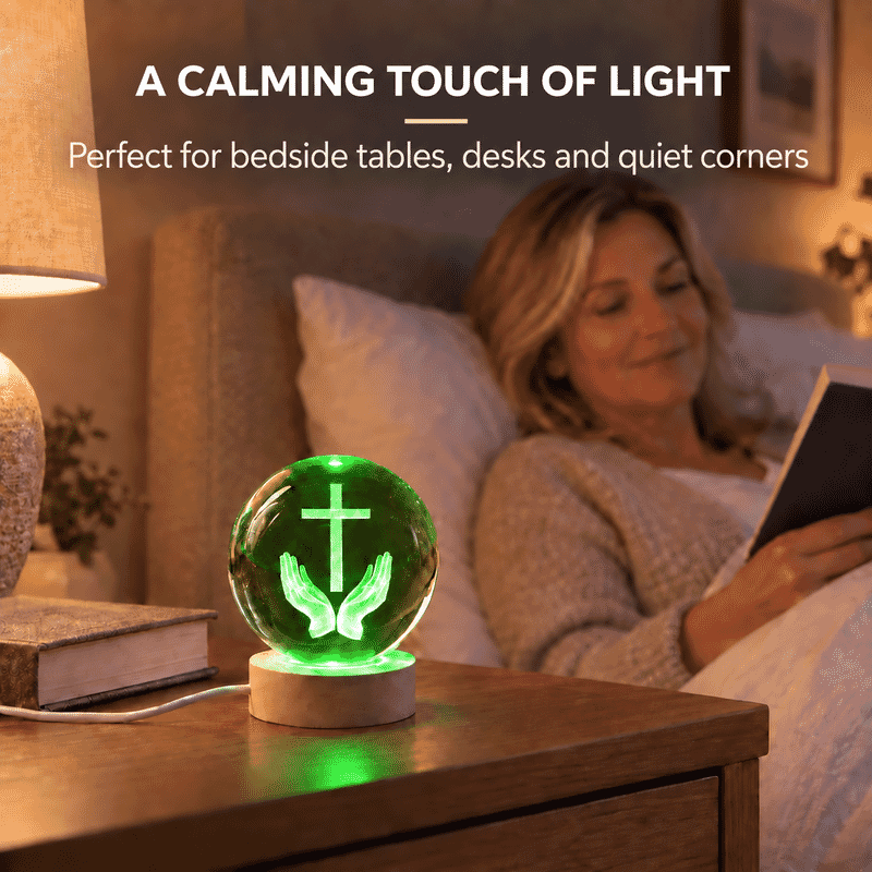 Livmore RGB Changing LED Light Crystal 3D Prayer Hands with Cross Engraved Pattern Glass Ball with Wood Base (Ball 3.5 Inches & Wood Dia 2.5 Inches)