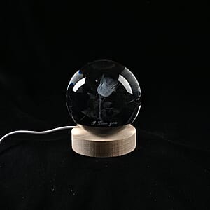 Livmore RGB Changing LED Light Crystal 3D Rose Engraved Pattern Glass Ball with Wood Base (Ball 3.5 Inches & Wood Dia 2.5 Inches)