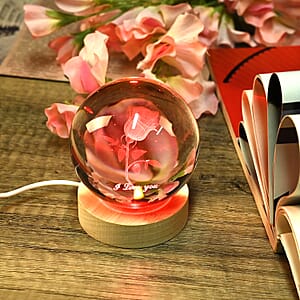 Livmore RGB Changing LED Light Crystal 3D Rose Engraved Pattern Glass Ball with Wood Base (Ball 3.5 Inches & Wood Dia 2.5 Inches)