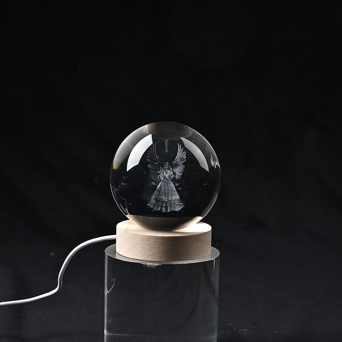 Livmore RGB Changing LED Light Crystal 3D Angel Engraved Pattern Glass Ball with Wood Base (Ball 3.5 Inches & Wood Dia 2.5 Inches) image number 0
