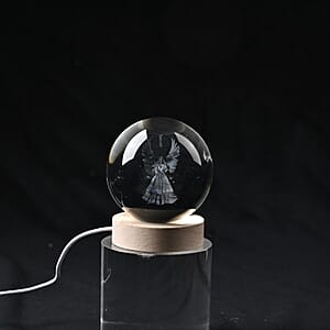 Livmore RGB Changing LED Light Crystal 3D Angel Engraved Pattern Glass Ball with Wood Base (Ball 3.5 Inches & Wood Dia 2.5 Inches)