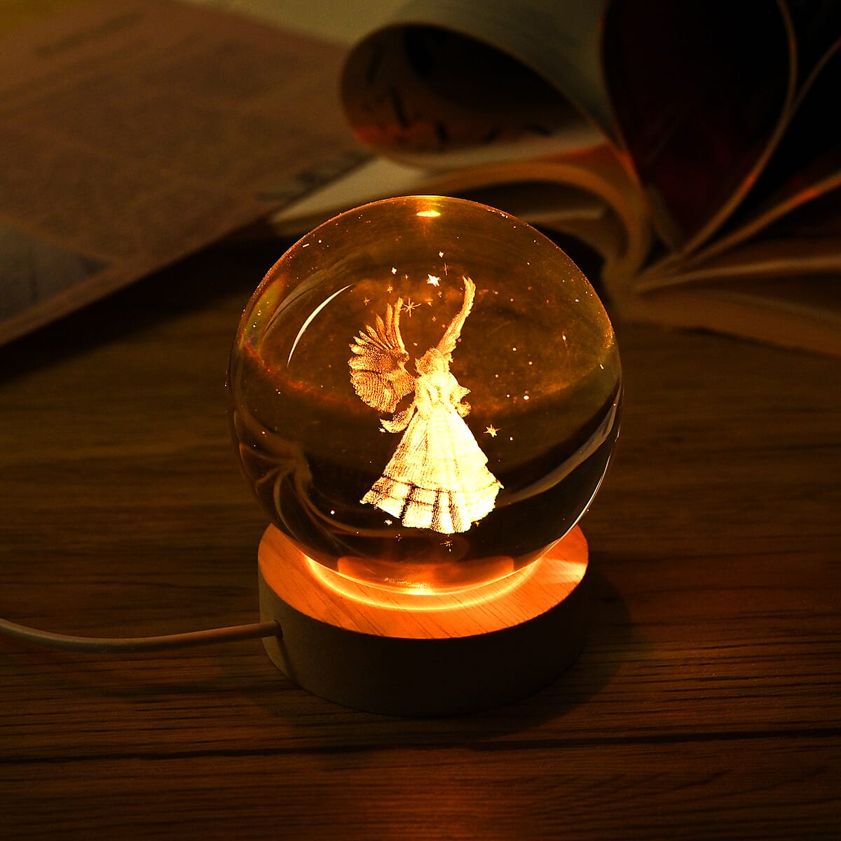 Livmore RGB Changing LED Light Crystal 3D Angel Engraved Pattern Glass Ball with Wood Base (Ball 3.5 Inches & Wood Dia 2.5 Inches) image number 1