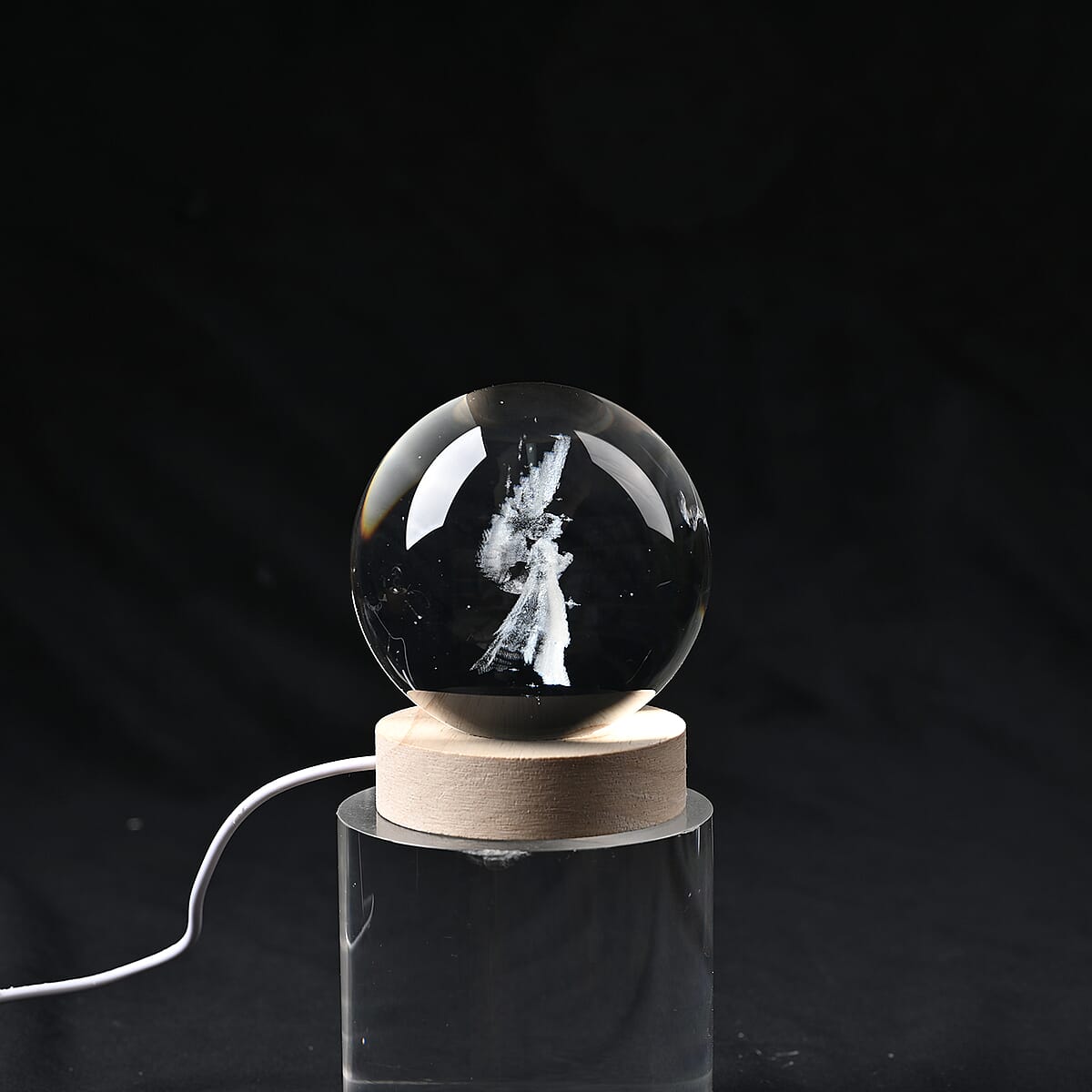 Livmore RGB Changing LED Light Crystal 3D Angel Engraved Pattern Glass Ball with Wood Base (Ball 3.5 Inches & Wood Dia 2.5 Inches) image number 2