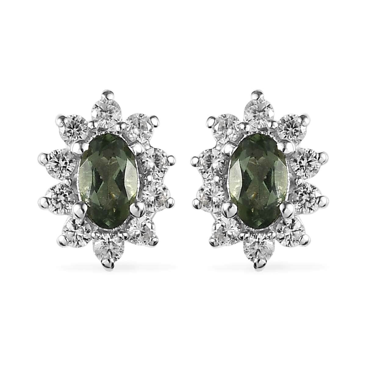 Tanzanian Natural Green Apatite and White Zircon Halo Stud Earrings in Platinum Over Sterling Silver 0.85 ctw image number 0