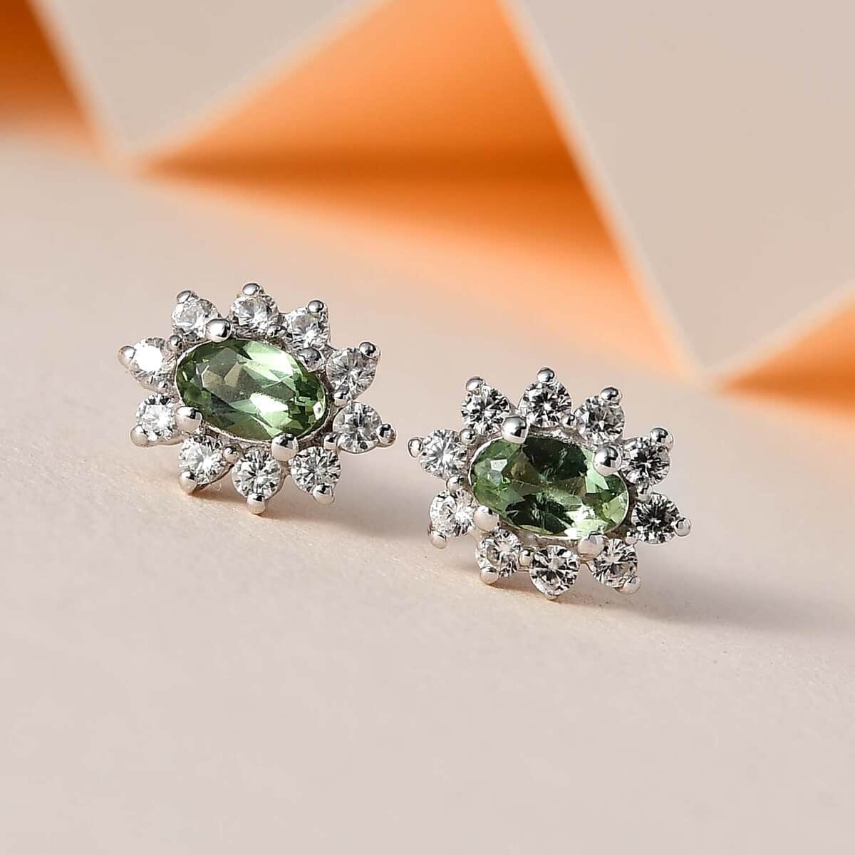Tanzanian Natural Green Apatite and White Zircon Halo Stud Earrings in Platinum Over Sterling Silver 0.85 ctw image number 1
