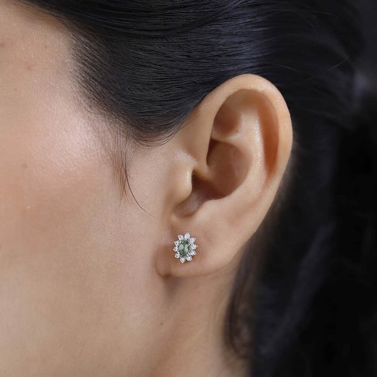 Tanzanian Natural Green Apatite and White Zircon Halo Stud Earrings in Platinum Over Sterling Silver 0.85 ctw image number 2