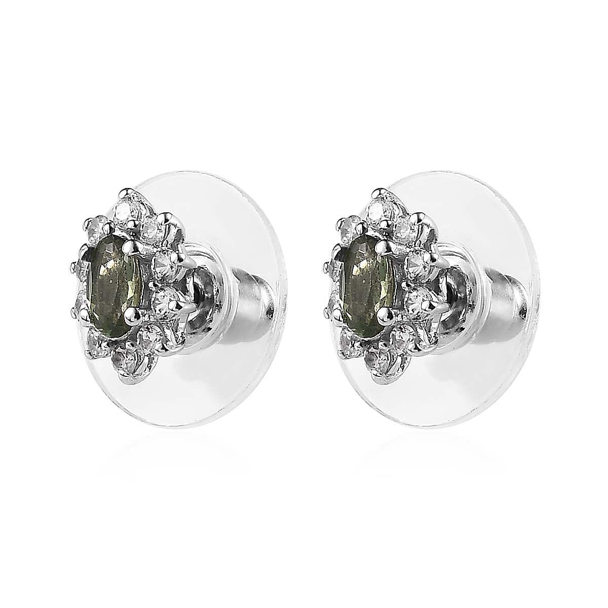 Tanzanian Natural Green Apatite and White Zircon Halo Stud Earrings in Platinum Over Sterling Silver 0.85 ctw