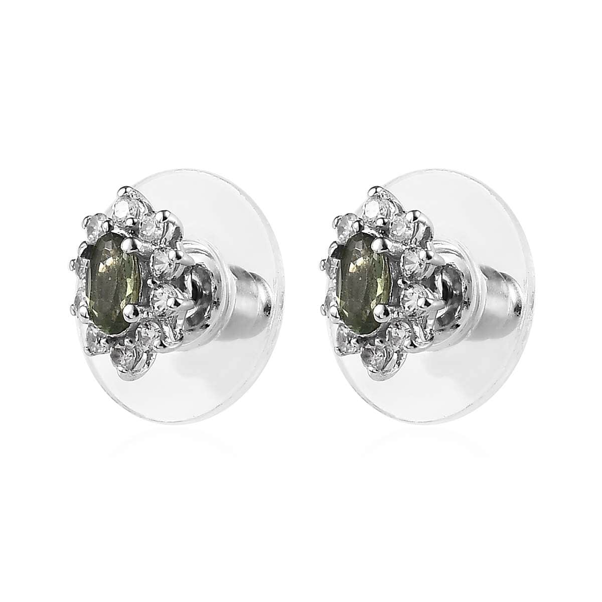 Tanzanian Natural Green Apatite and White Zircon Halo Stud Earrings in Platinum Over Sterling Silver 0.85 ctw image number 3