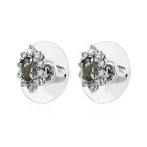 Tanzanian Natural Green Apatite and White Zircon Halo Stud Earrings in Platinum Over Sterling Silver 0.85 ctw