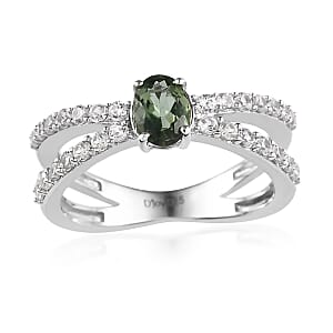Tanzanian Natural Green Apatite and White Zircon Ring in Platinum Over Sterling Silver (Size 7.0) 1.60 ctw