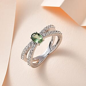 Tanzanian Natural Green Apatite and White Zircon Ring in Platinum Over Sterling Silver (Size 7.0) 1.60 ctw