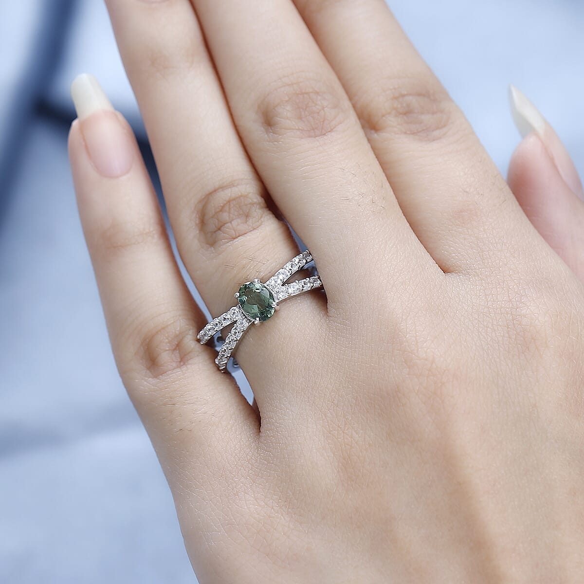 Tanzanian Natural Green Apatite and White Zircon Ring in Platinum Over Sterling Silver (Size 7.0) 1.60 ctw image number 2