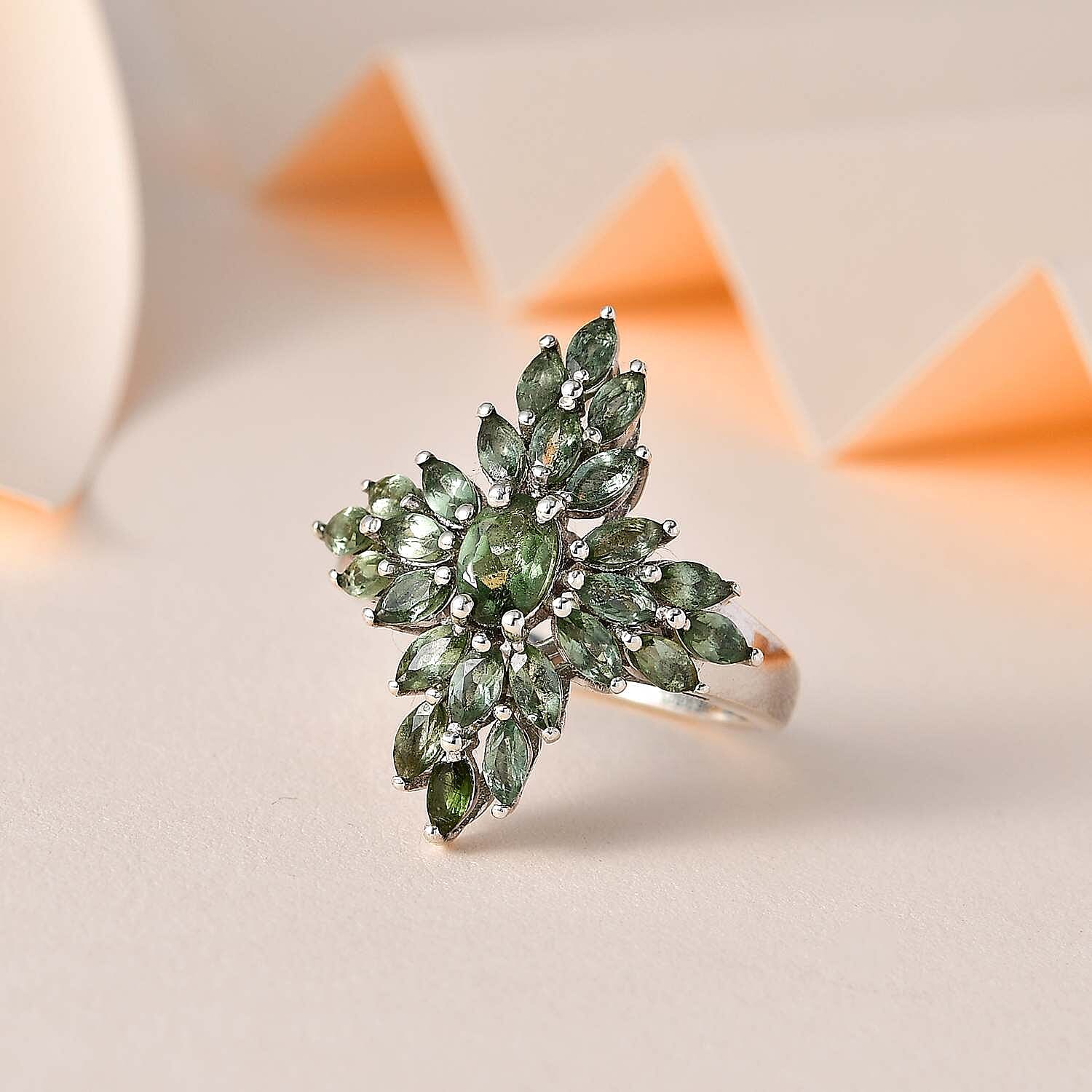 Tanzanian Natural Green Apatite Elongated Ring in Platinum Over Sterling Silver (Size 7.0) 2.50 ctw
