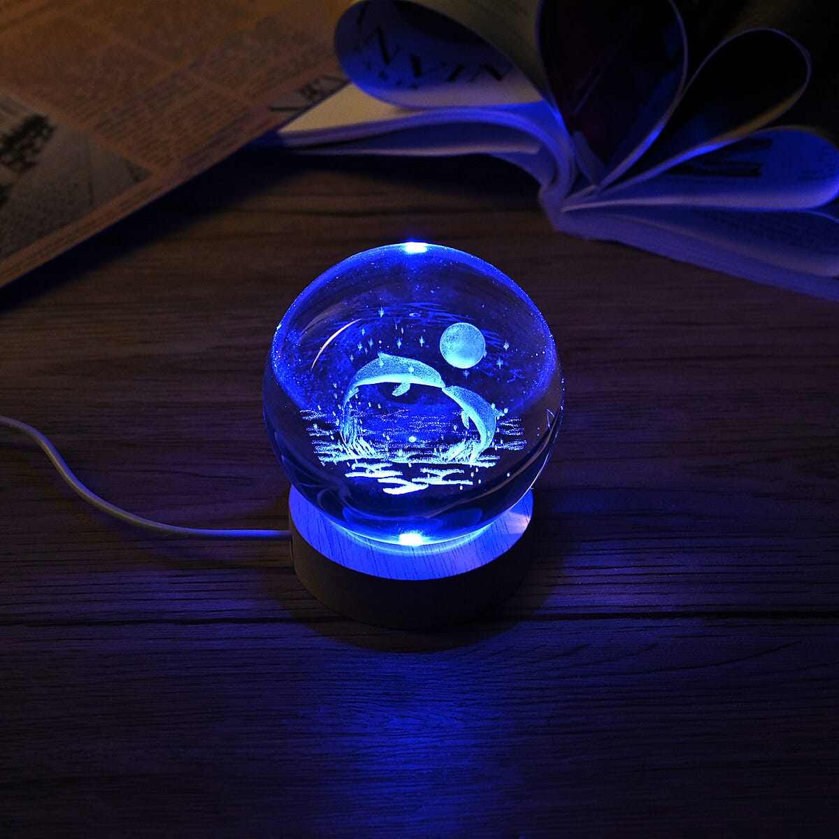 Livmore RGB Changing LED Light Crystal 3D Dolphins Engraved Pattern Glass Ball with Wood Base (Ball 3.5 Inches & Wood Dia 2.5 Inches) image number 1