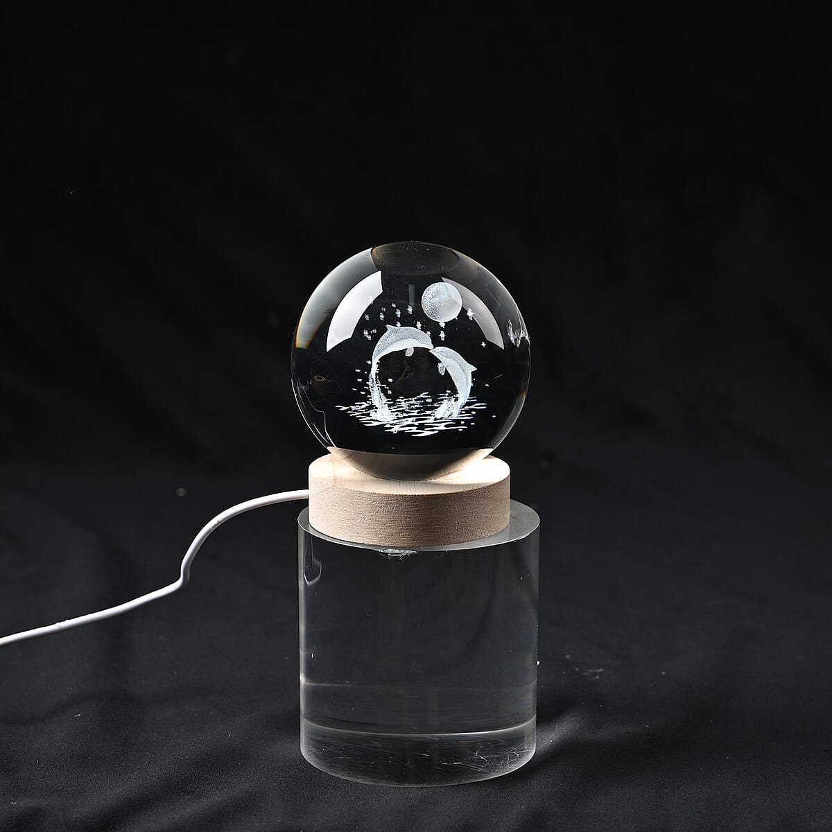 Livmore RGB Changing LED Light Crystal 3D Dolphins Engraved Pattern Glass Ball with Wood Base (Ball 3.5 Inches & Wood Dia 2.5 Inches) image number 2