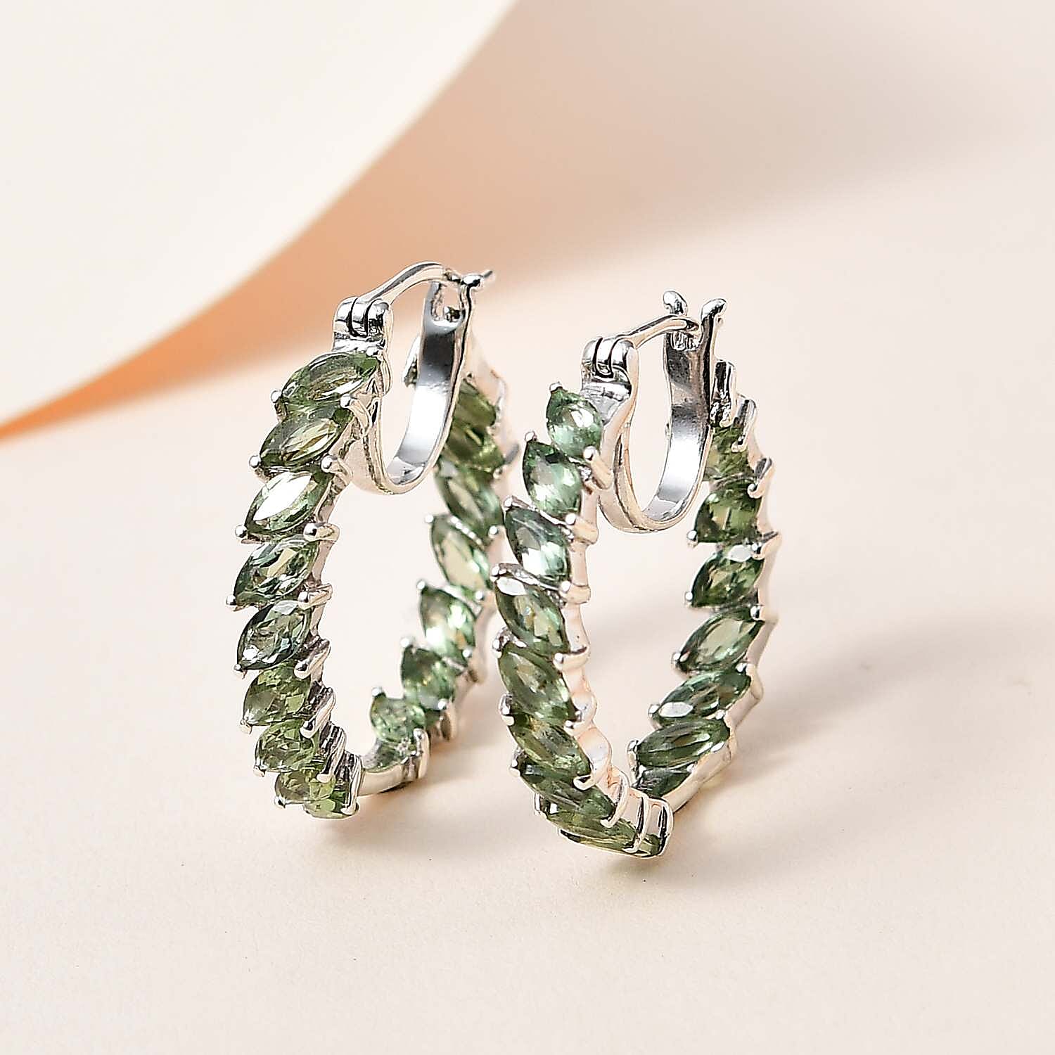 Tanzanian Natural Green Apatite Inside Out Hoop Earrings in Platinum Over Sterling Silver 4.85 ctw