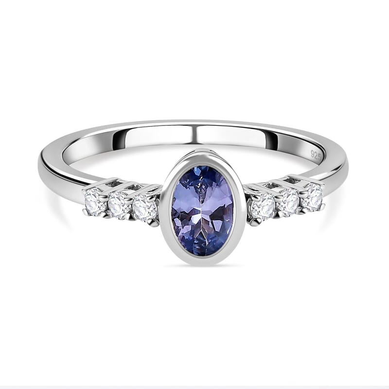 Tanzanite and White Zircon 0.62 ctw Ring in Platinum Over Sterling Silver (Size 9)