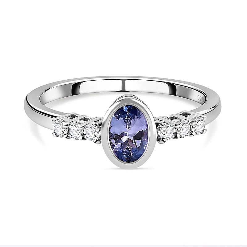 Tanzanite and White Zircon 0.62 ctw Ring in Platinum Over Sterling Silver (Size 9)
