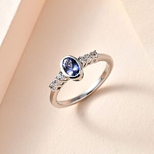 Tanzanite and White Zircon 0.62 ctw Ring in Platinum Over Sterling Silver (Size 9)
