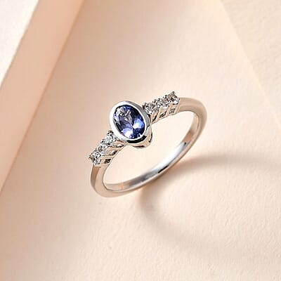 Tanzanite and White Zircon 0.62 ctw Ring in Platinum Over Sterling Silver (Size 9)