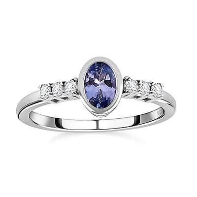 Tanzanite and White Zircon 0.62 ctw Ring in Platinum Over Sterling Silver (Size 9)