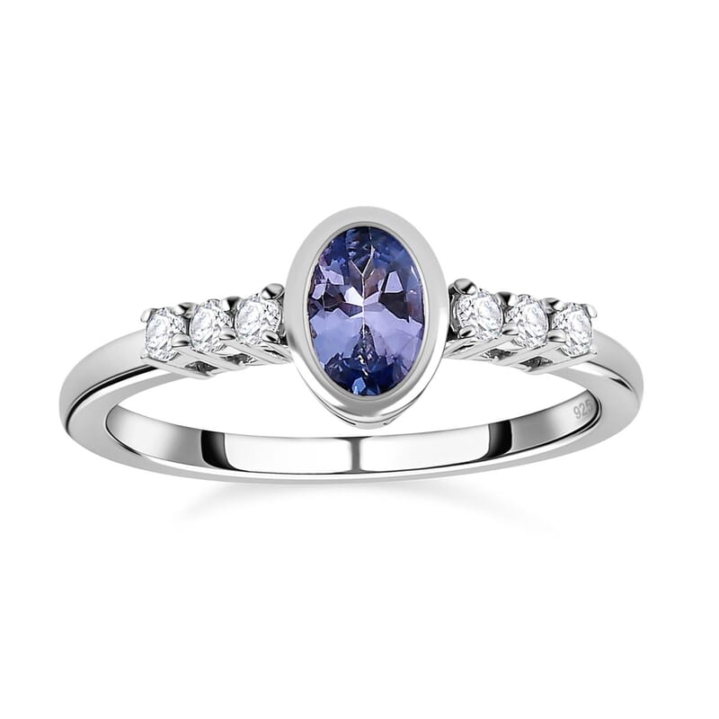Tanzanite and White Zircon 0.62 ctw Ring in Platinum Over Sterling Silver (Size 9)