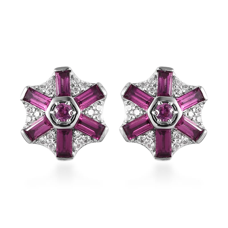 Premium Orissa Rhodolite Garnet and White Zircon 2.35 ctw Earrings in Rhodium Over Sterling Silver