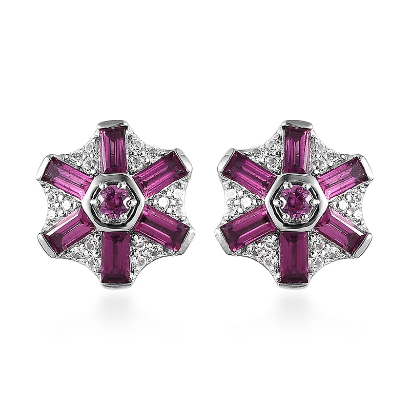 Premium Orissa Rhodolite Garnet and White Zircon 2.35 ctw Earrings in Rhodium Over Sterling Silver