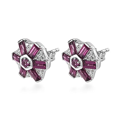 Premium Orissa Rhodolite Garnet and White Zircon 2.35 ctw Earrings in Rhodium Over Sterling Silver