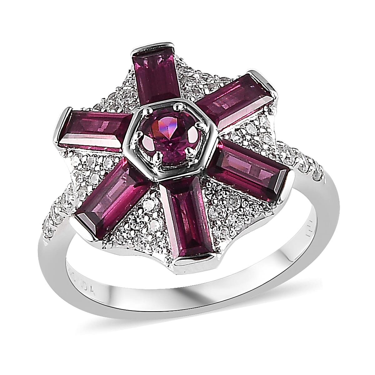 Premium Orissa Rhodolite Garnet and White Zircon 2.90 ctw Ring in Rhodium Over Sterling Silver (Size 7.0)
