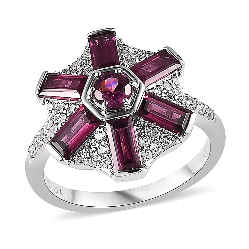 Premium Orissa Rhodolite Garnet and White Zircon 2.90 ctw Ring in Rhodium Over Sterling Silver (Size 7.0)