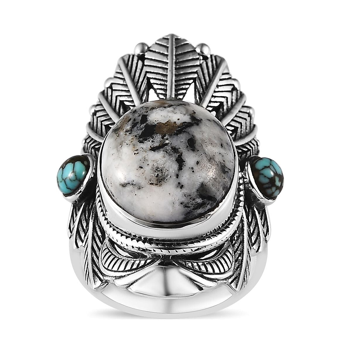Artisan Crafted White Buffalo and Blue Moon Turquoise Feather Crown Ring in Sterling Silver (Size 10.0) 11.10 ctw