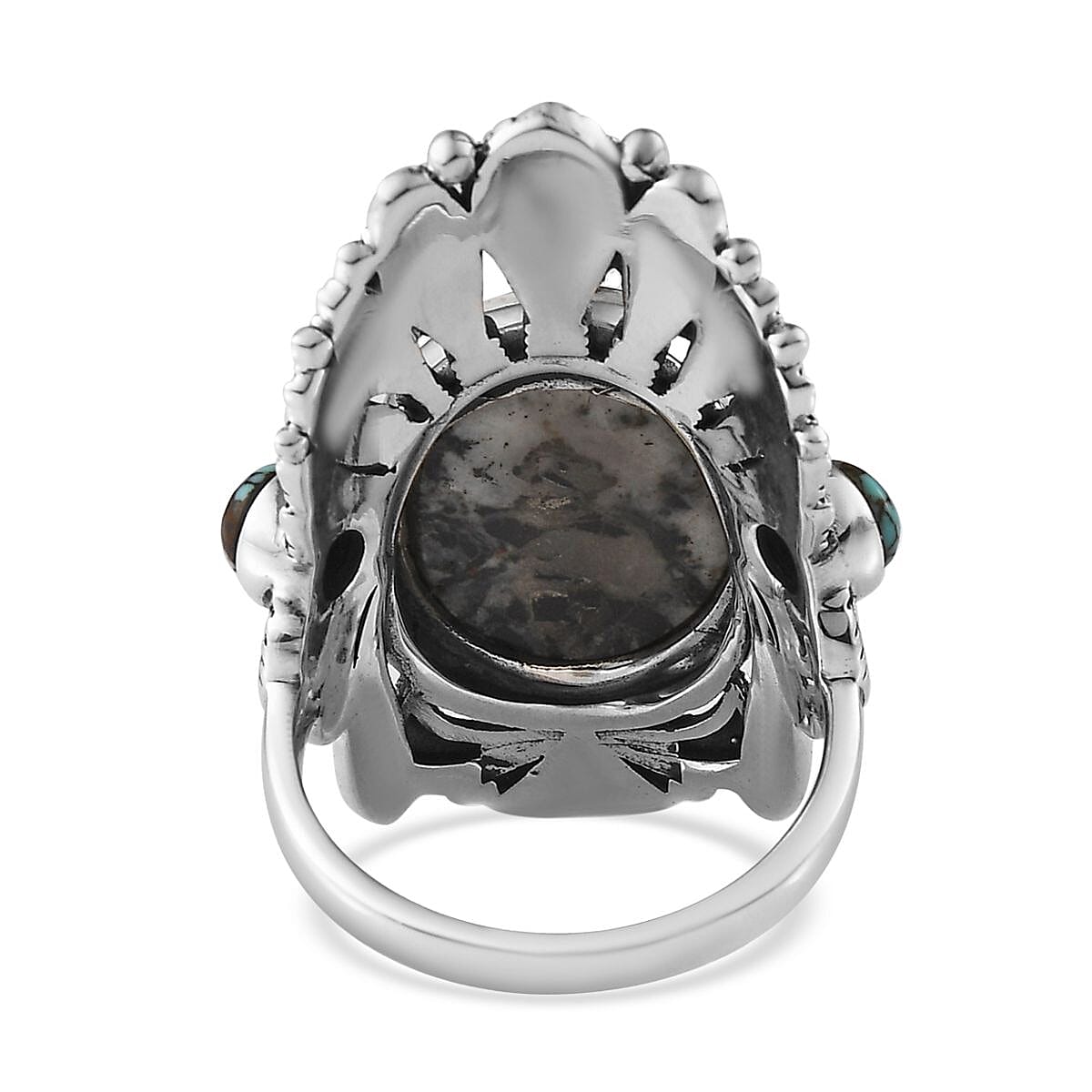 Artisan Crafted White Buffalo and Blue Moon Turquoise Feather Crown Ring in Sterling Silver (Size 10.0) 11.10 ctw