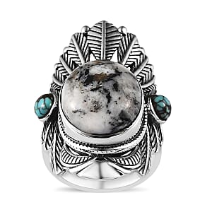 Artisan Crafted White Buffalo and Blue Moon Turquoise Feather Crown Ring in Sterling Silver (Size 7.0) 11.10 ctw