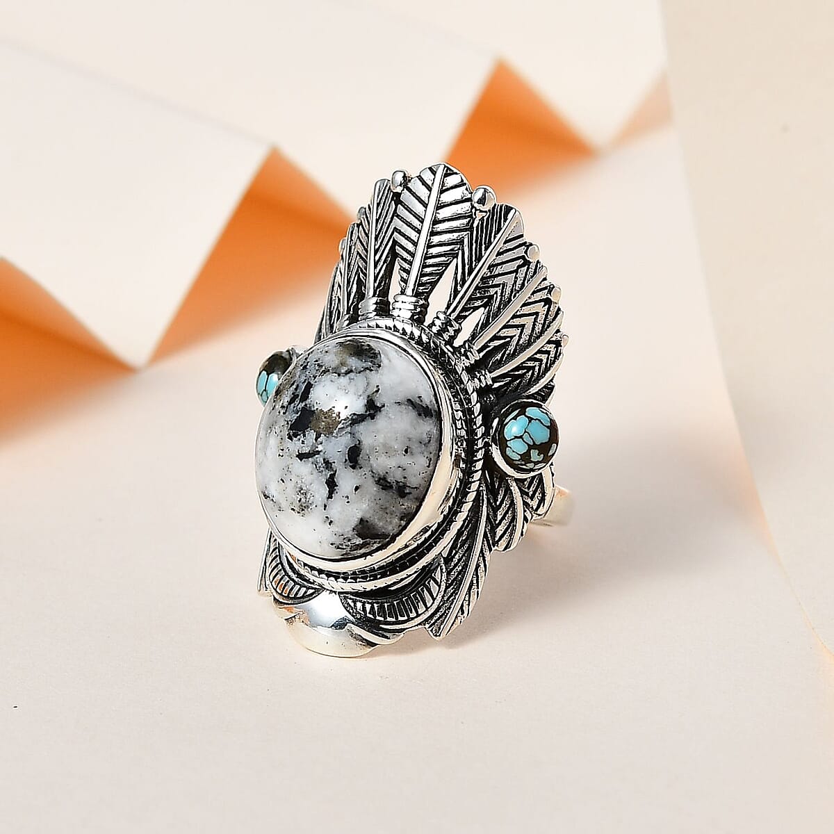 Artisan Crafted White Buffalo and Blue Moon Turquoise Feather Crown Ring in Sterling Silver (Size 7.0) 11.10 ctw image number 1