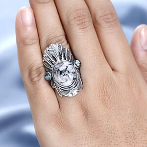 Artisan Crafted White Buffalo and Blue Moon Turquoise Feather Crown Ring in Sterling Silver (Size 7.0) 11.10 ctw