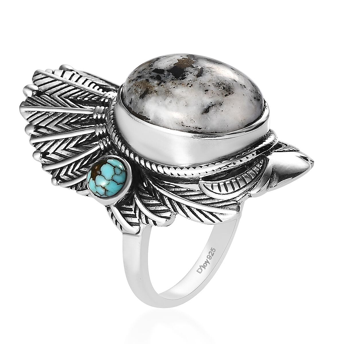 Artisan Crafted White Buffalo and Blue Moon Turquoise Feather Crown Ring in Sterling Silver (Size 7.0) 11.10 ctw
