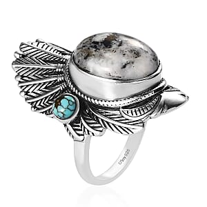 Artisan Crafted White Buffalo and Blue Moon Turquoise Feather Crown Ring in Sterling Silver (Size 7.0) 11.10 ctw