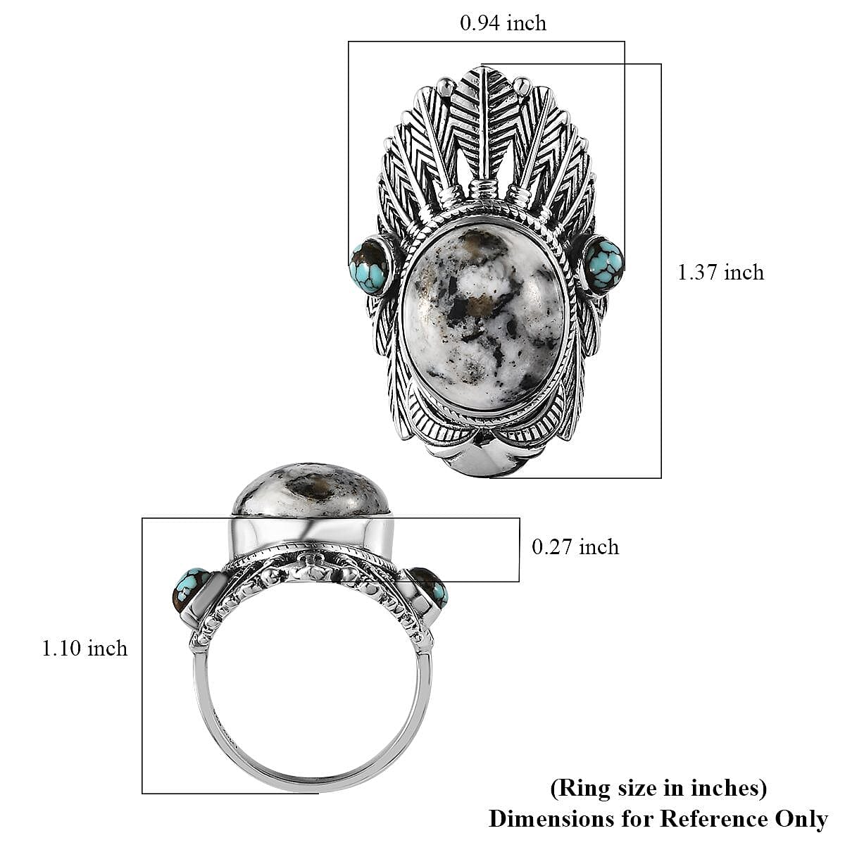 Artisan Crafted White Buffalo and Blue Moon Turquoise Feather Crown Ring in Sterling Silver (Size 7.0) 11.10 ctw image number 5